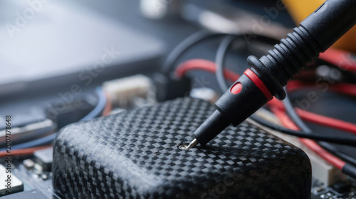 R&D Engineer, Probe testing electronic component with black and red multimeter probe on circuit board