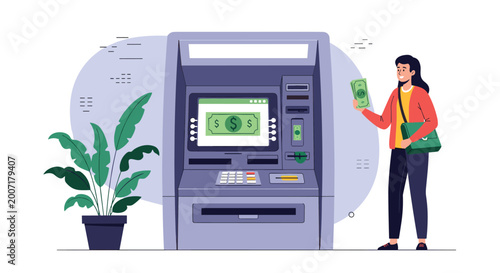 Young woman standing by automated teller machine and holding cash after successful money withdrawal at a bank branch office.