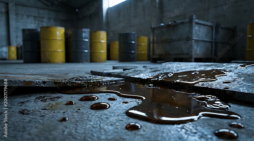 © Pixels Stock - Oil spill leaking from a barrel onto concrete floor in industrial warehouse with stacked metal and yellow barrels suggesting environmental pollution and hazard.