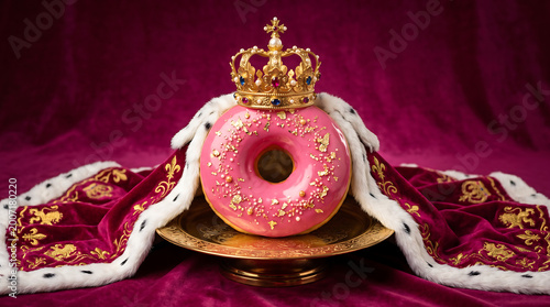 A pink donut adorned with a golden crown and royal robe, resting on a golden stand against a red velvet background.