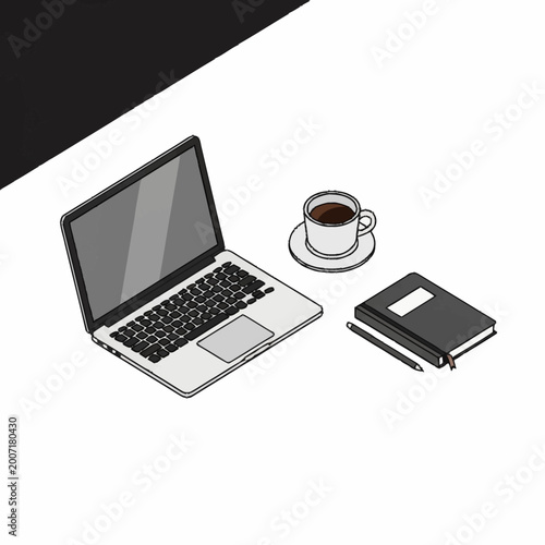 Laptop computer with coffee and notebook on desk.