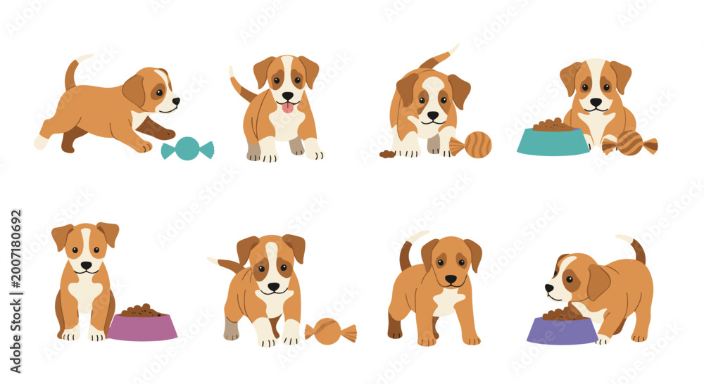 Fototapeta premium Cute puppy character set showing small dogs in different playful poses with toys food bowls and treats on a white background.