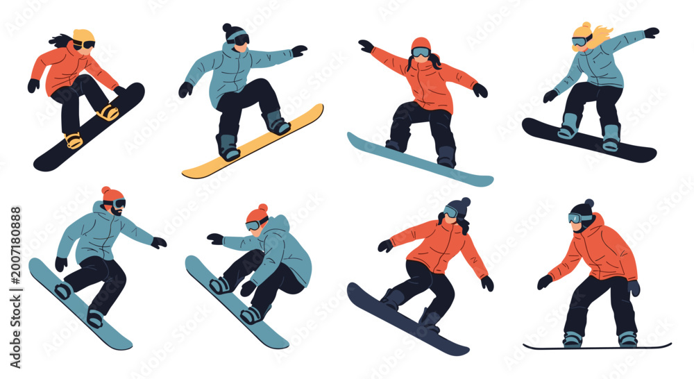 Fototapeta premium Dynamic snowboarding character set showing people in various jumps and poses wearing colorful winter gear and safety equipment.