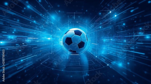 A football placed on an abstract blue tech environment made of floating data panels, illuminated circuitry patterns, and cyber-inspired energy streams, blending sports imagery a sleek digital future
