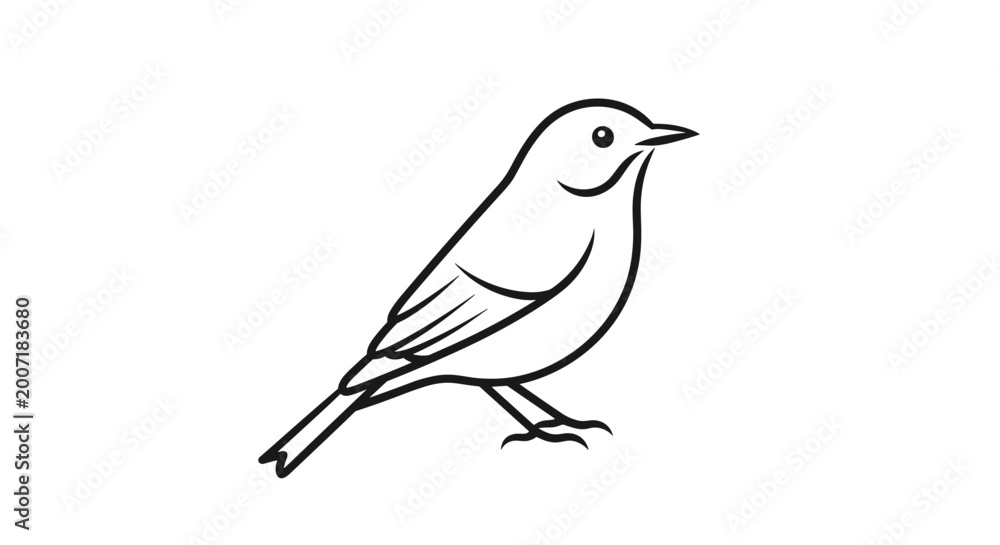 Fototapeta premium Minimalist black and white line drawing of a small songbird perched on an invisible branch in a clean profile view.