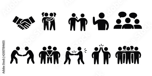 Collection of diverse pictogram icons representing human connection teamwork collaboration and social interaction concept design illustration.