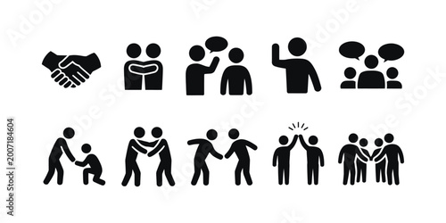 Collection of diverse pictogram icons representing human connection teamwork collaboration and social interaction concept design illustration.