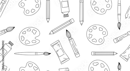 Artistic Pattern: Paint Brushes, Pencils, and Palettes - Hand Drawn Sketch