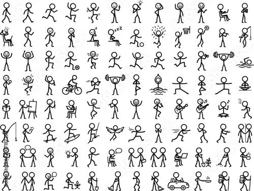 Set of black and white stick figure depicting various human activities