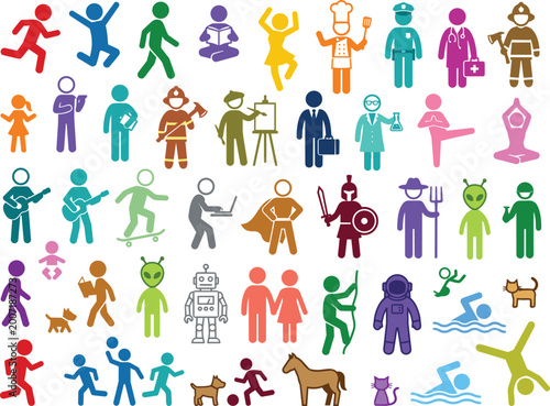 Set of colorful stick figure representing various occupations and activities