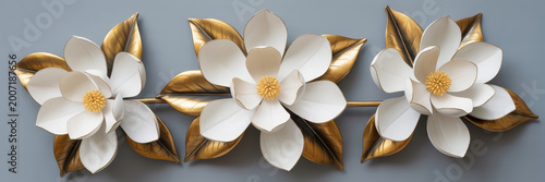 Decorative wall featuring three white magnolia flowers with gold leaves on a grey background