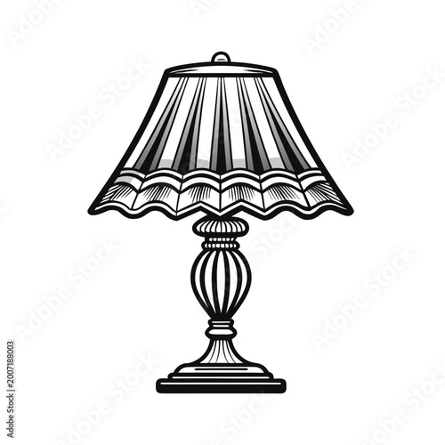 Decorative black and white vintage detailed design table lamp vector illustration. Decorative vintage style table lamp design.