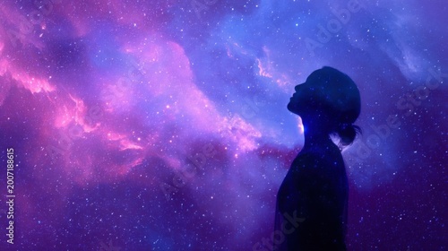Silhouette of a woman gazing at a vibrant cosmic nebula with swirling purples and blues, stars glowing.