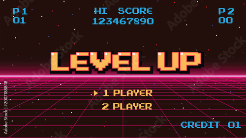 LEVEL UP. multiplayer. Synthwave wireframe net illustration. pixel art .8 bit game. retro game. for game assets .Retro Futurism Sci-Fi Background. glowing neon grid. and stars.