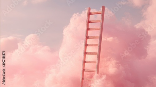 Wooden ladder ascending to soft pink clouds in dreamy pastel sky, ethereal dreamlike ambiance.