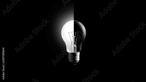 A striking black and white incandescent bulb divided by contrast, glowing left half with dark right side, symbolic duali