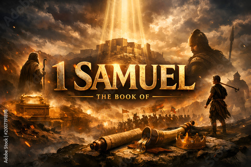Epic Movie Style Poster Title 1 Samuel Featuring an Ancient City and Golden Divine Light