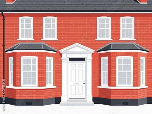 Elegant red brick residential building with white trim and symmetrical design captured in even lighting showcasing architectural harmony for real estate promotion and editorial use