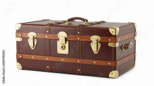 Vintage brown leather suitcase with brass latches and straps isolated on a white background
