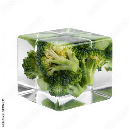 Fresh green broccoli florets suspended inside a clear transparent glass cube on white background