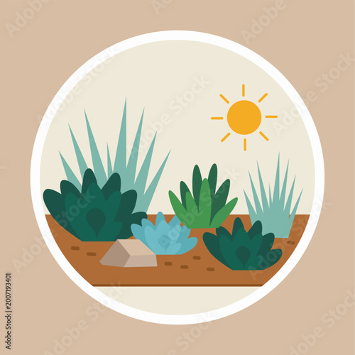 Succulent Garden Landscape with Sun and Rocks in Circular Frame