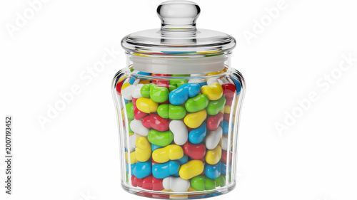 Clear glass jar filled with colorful jelly beans and a lid on a white background