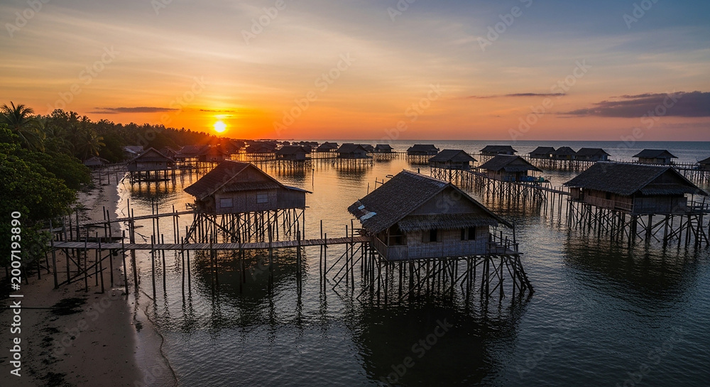 Obraz premium Tropical Sunset Over Stilted Water Village: Idyllic Island Paradise & Local Life