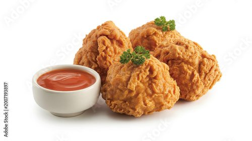 Three pieces of crispy fried chicken with green parsley garnish and a bowl of red dipping sauce