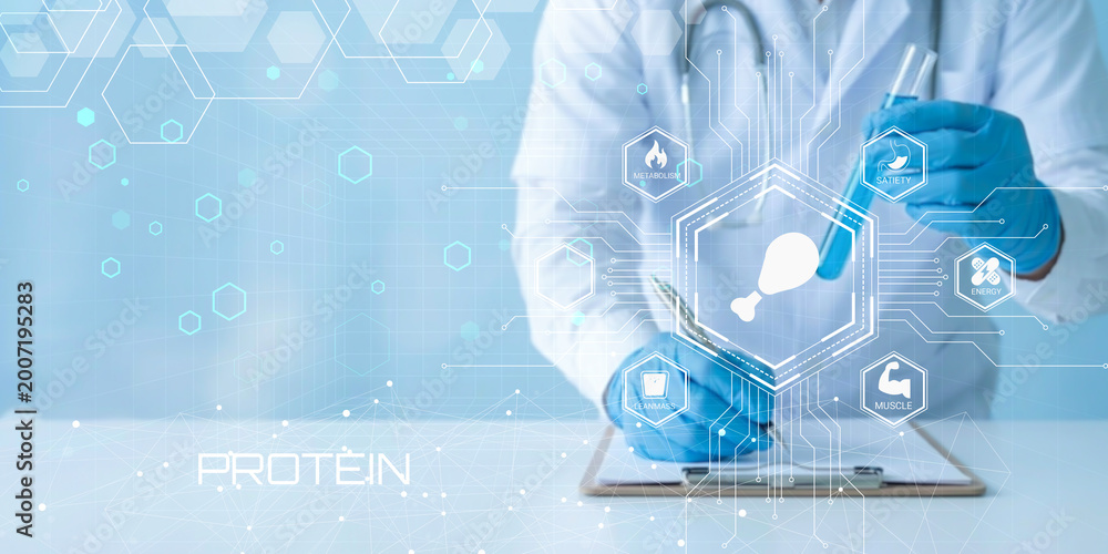 Fototapeta premium Scientist analyzing protein structure using digital tablet with futuristic technology interface and lab gloves