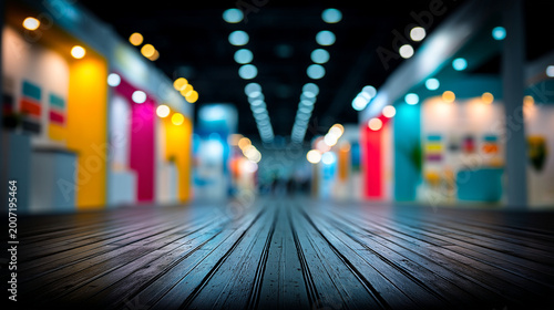Dark wooden floor in a exhibition hall with blurred colorful trade show booths, exhibition