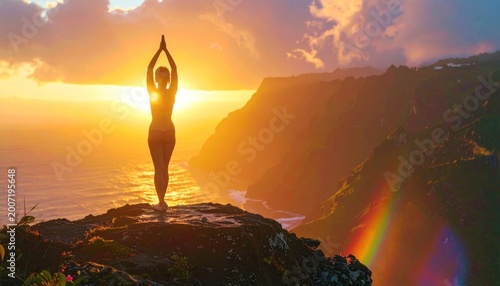 Silhouette of person in yoga pose, illuminated by the setting sun