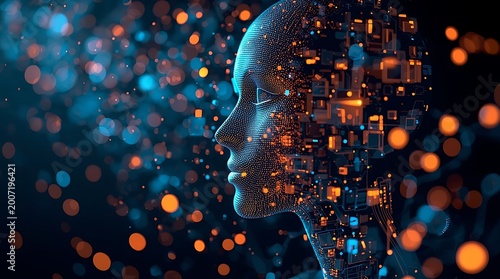 Digital Human Profile with Glowing Bokeh Background.