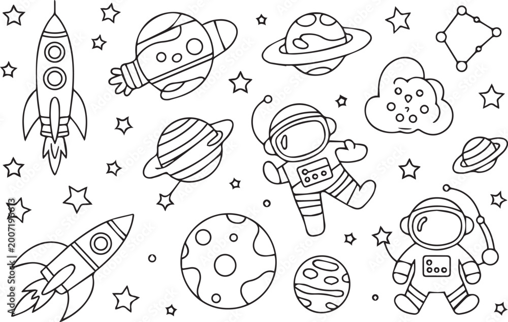 Fototapeta premium Astronaut Outer Space Adventures Coloring Book Collection with Rockets Planets Galaxies Moon Constellations and Shooting Stars Line Art for Children Set