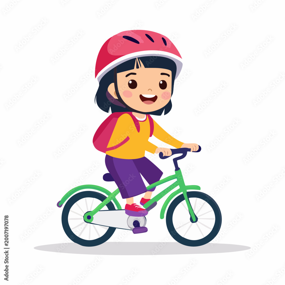 Fototapeta premium Happy Girl Riding a Bicycle with Helmet and Backpack