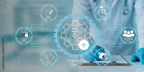 Modern clinical trial design process illustrated with interconnected digital elements and medical professional