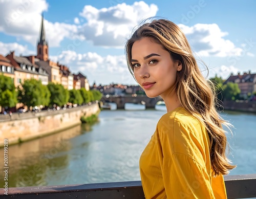 Young woman in yellow shirt standing by a river with a cityscape