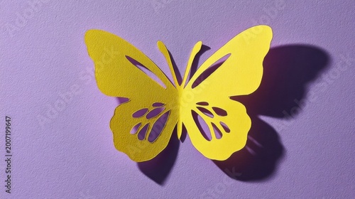 Stylized yellow paper butterfly with intricate wing cutouts, floating on a soft lavender background.