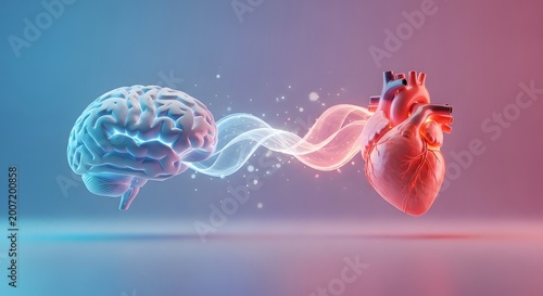 Human brain and heart connected by glowing energy lines. Holistic wellness and cognitive function. Anatomical representation of the link between logic and emotion on a soft background.