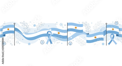 Bild auf Leinwand Argentina Flags Waving with Soccer Balls and Ribbons - White Background
