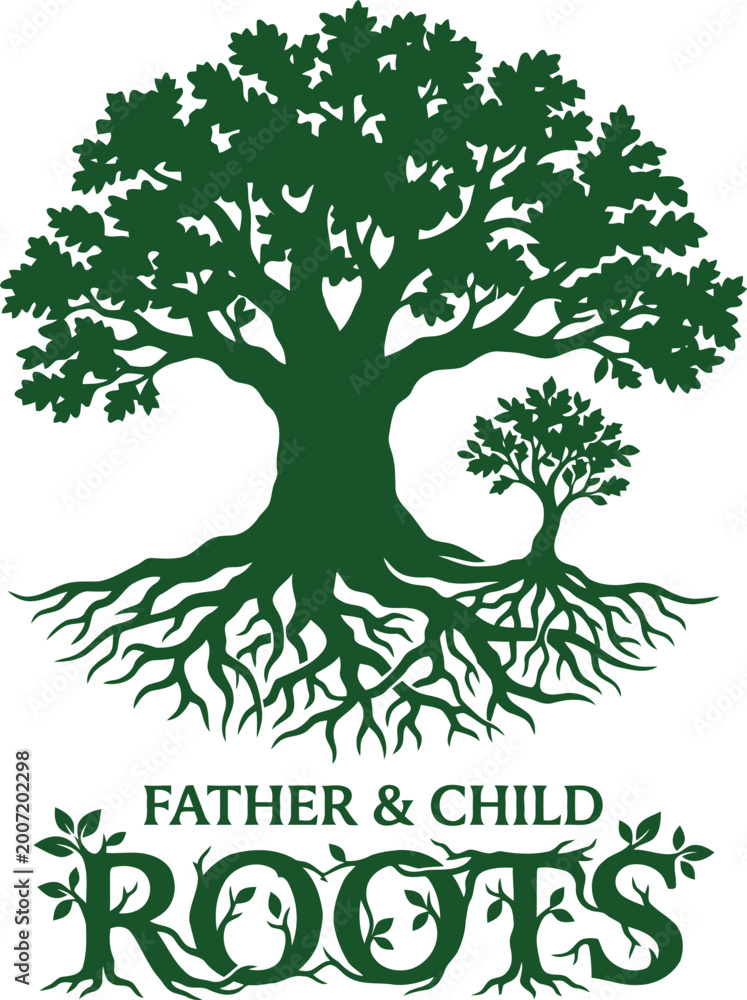 Obraz premium Illustration of a large tree with roots and sapling symbolizing family bonds