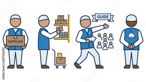 Cuadro en lienzo Islamic aid workers distributing supplies and guiding people in flat line vector illustration