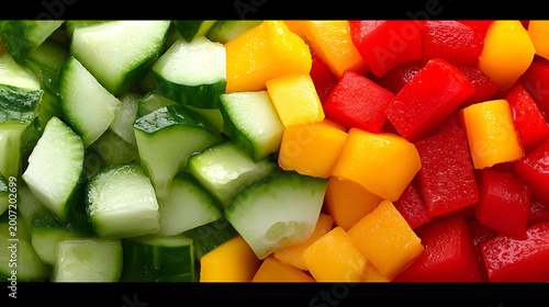 Diced cucumber, yellow bell pepper, red bell pepper, colorful vegetable cubes