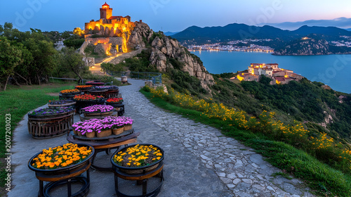 Mediterranean flowers, colorful blooms, scenic landscape, castle hilltop