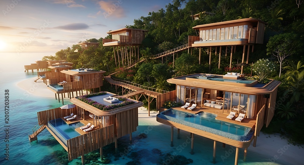 Fototapeta premium Modern wooden luxury villas feature private infinity pools and elegant outdoor lounge furniture resting on tall stilts above the water