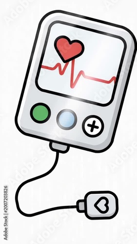 A cartoon-style illustration of a heart rate monitor with a red heart and ECG line on screen, connected to a sensor on a white background, symbolizing medical technology and healthcare