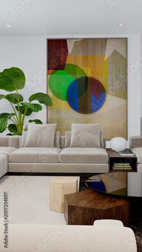 3D render, illustration Luxury modern living room interior,  realistic lighting, wide angle, contemporary furniture, clean lines, minimalist decor, elegant home design, large window