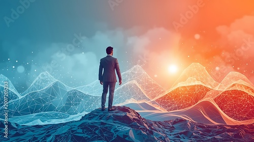Businessman Contemplating Future Standing on a Mountain Peak.