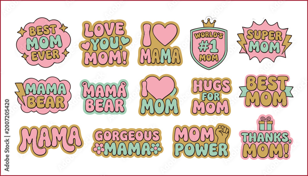 Naklejka premium retro pastel Mother's Day typography sticker set vector illustrations.