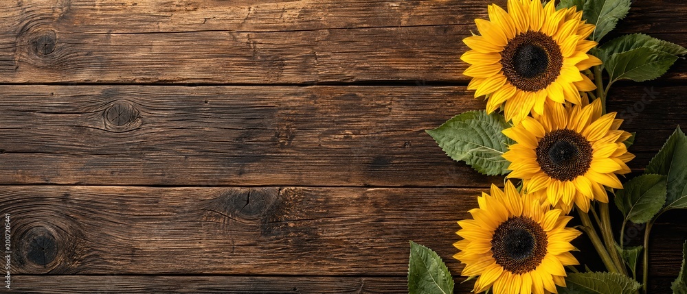 Fototapeta premium Three sunflowers with green leaves on a rustic wooden table sunflowers agriculture cheerful sunshine background