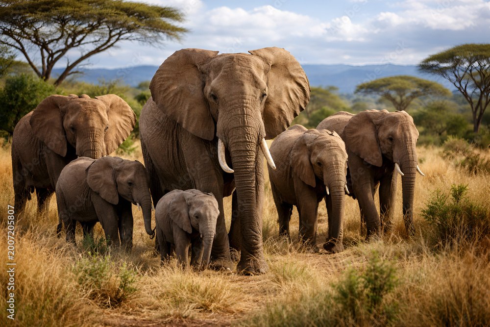 Fototapeta premium Majestic African Elephants with Young Calf Grazing in Natural Habitat During a Warm Sunny Afternoon